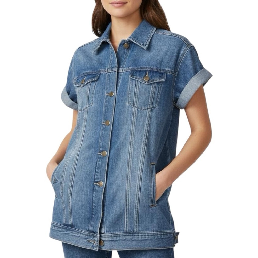 Liverpool Faded Blue Distressed Short Sleeve Denim Jean Shirt Jacket Extra Small
